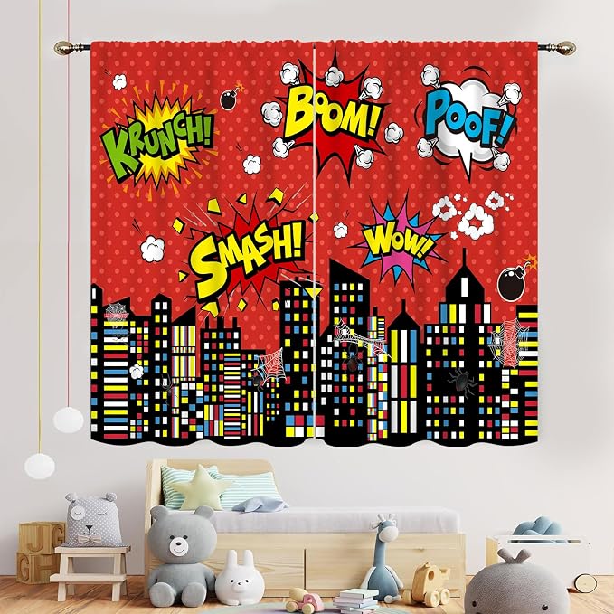 Superhero City Curtains for Boys Kids Teens, Red Spider Web Cityscape Buildings Cartoon Comic Blackout Window Curtains for Baby Room Bedroom Living Nursery 2 Panel Sets, 55x39 Inch