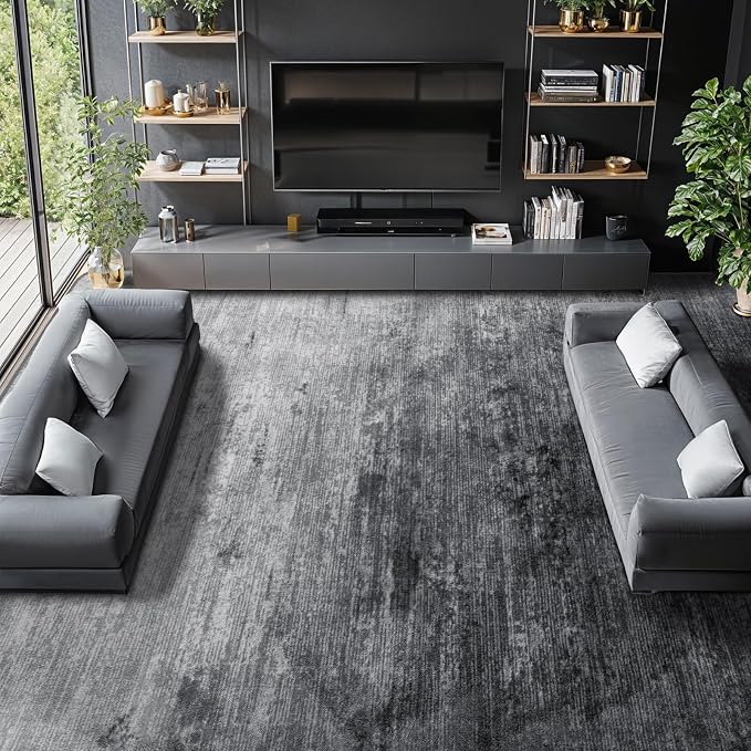 LIANLAM 10x12 Washable Rug, Gray Solid Area Rugs for Living Room & Bedroom | Stain-resistant & Non-slip backing,Low Pile Washable Large Carpet, Solid Vintage Style For High Traffic Areas(10x12,Gray)