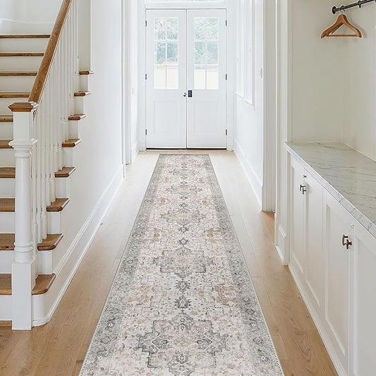 GENIMO 2x16 Runner Rugs for Hallway, Machine Washable Non Slip Vintage Rugs, Low Pile Soft Chenille Print Rug for enrtyway, Corridor, Home Office,Light Taupe Brown