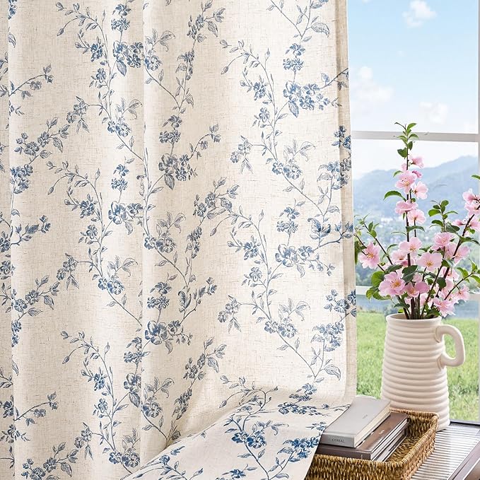 jinchan Blue Floral Linen Curtains 84 Inch Country Drapes Back Tab 2 Panels | Blue on beige, light filtering, semi sheer, farmhouse, rustic, privacy, bedroom, living room, laundry, window treatment