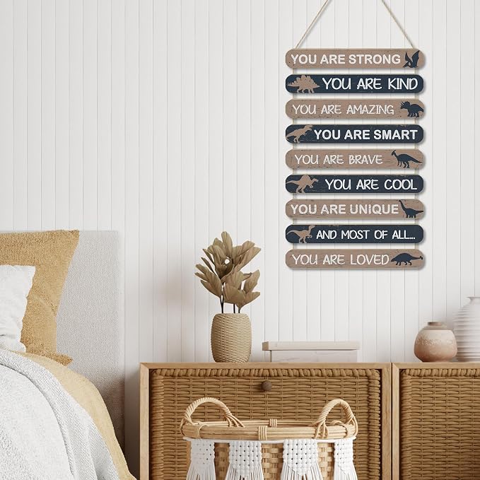 MONALET Vintage Dinosaur Inspirational Wall Decor for Boys Kids Room Playroom Nursery Classroom, You Are Loved Hanging Wooden Signs Decorations, Positive Affirmations Wall Art Wood Plaque 9Pcs 12x19