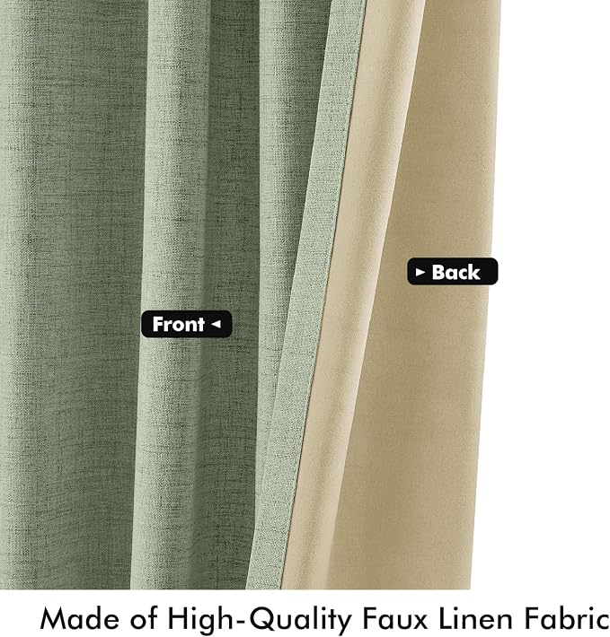 MIULEE 100% Blackout Linen Curtains for Bedroom, Sage Green Solid Luxury Decor Thermal Insulation Room Darkening Drapes for Living Room Back Tab Rod Pocket 42 x 108 Inches, 2 Panels