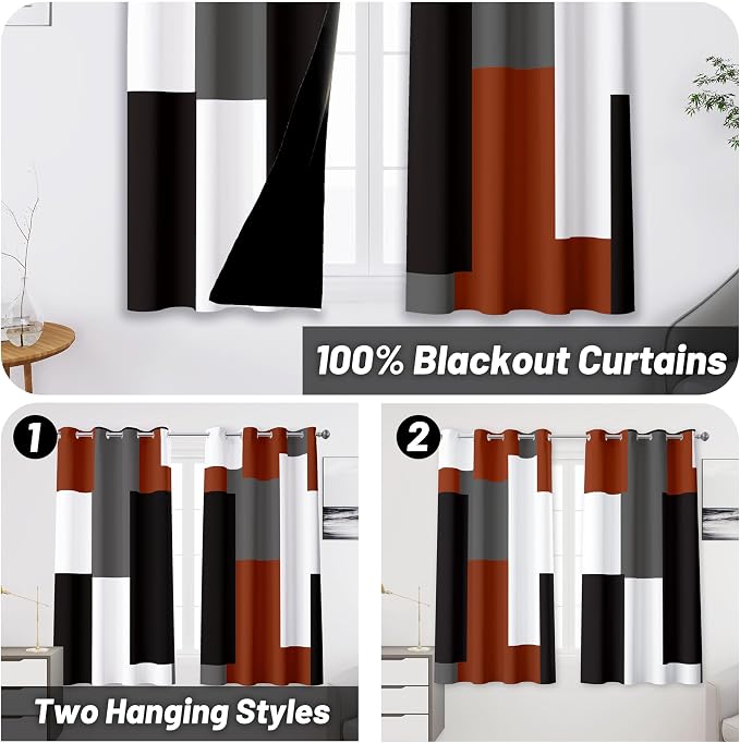Tyrot Burnt Orange 100% Blackout Curtains for Bedroom 45 inch Length 2 Panels Set Grey Modern Abstract Geometric Fall Black Out Curtains Insulated Room Darkening Window Drapes for Living Room, 52Wx45L