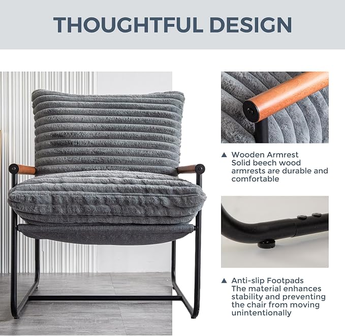 MAXYOYO Accent Chair, Sherpa Arm Chair for Living Room, Mid Century Modern Accent Chairs, Boucle Reading Bedroom Chair, Teddy Armchair, Wooden Arms Metal Frame