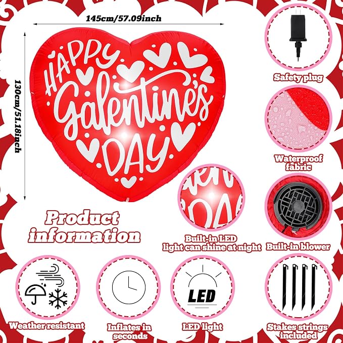 VIHOSE Happy Galentines Day Inflatables Decorations 4.3 ft Pink Valentine Day Blow up Decor Heart LED Lights Inflatable Decor for Ladies Girls Friends Valentine Party Photo Props