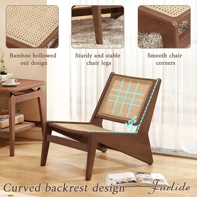 Furlide Mid-Century Accent Chair, Rattan Lounge Chair for Living Room, Boho Side Corner Comfy Chair for Bedroom and Balcony, Walnut