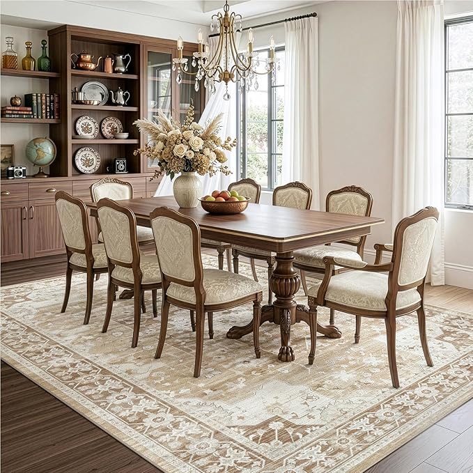 DEXI Washable Area Rug for Living Room 10x14, Vintage Farmhouse Soft Indoor Large Rugs, Stain Resistant Low Pile Carpet with Non Slip Backing for Dining Bedroom Office, Beige