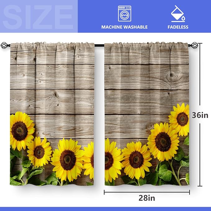 Aimego Wooden Barn Door Kitchen Curtains - Sunflower Rustic Country Wood Vintage Floral Short Cafe Tier Curtains Decor Farmhouse Retro Rod Pocket Window Drapes 36 Inch Length 2 Panel Set, 28"x36"