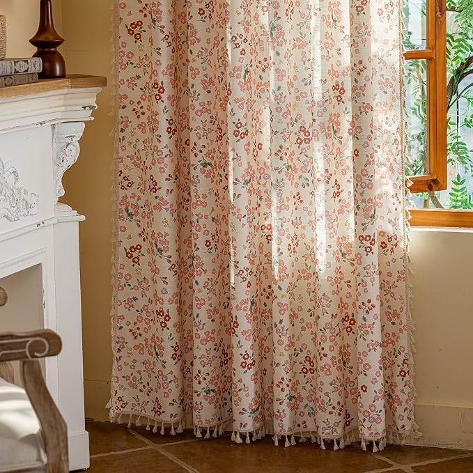 OYX Pink Boho Farmhouse Floral Curtains 63 Inch Long 2 Panels For Living Room, Flower Girl Bedroom Light Filtering Drapes, Vintage Country French Patterned Rod Pocket Aesthetic Decor Window Treatments