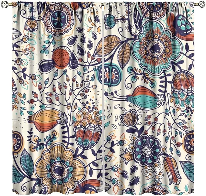Floral-Print Curtains, Colorful Bohemian Floral and Vintage Botanical Patterns, Blackout Curtains for Bedrooms, Living Rooms, and Kitchens63X72 Inch