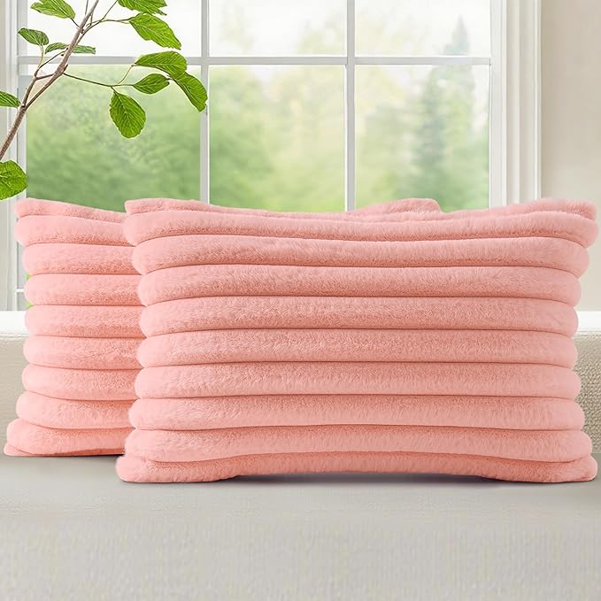 decorUhome Fall Cozy Faux Fur Throw Pillow Covers 12x20 Set of 2 Decorative Plush Striped Lumbar Modern Farmhouse Boho Couch Pillow Cases with Velvet Back for Sofa Bed Living Room, Blush Pink