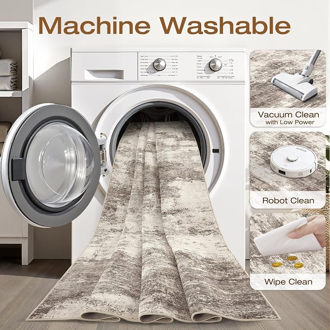 9x12 Area Rugs Living Room: Washable Large Neutral Rug Abstract Soft Modern Stain Resistant Indoor Floor Non-Slip Carpet for Bedroom Nursery Kids Office Playroom Dining Room Under Table- Mocha Brown
