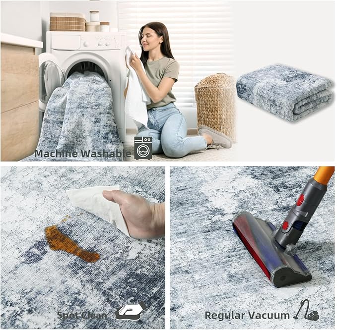 9x12 Area Rugs for Living Room: Washable Rug Non Slip Low Pile Soft Faux Wool Non Shedding Distressed Vintage Boho Large Area Rugs for Bedroom Dining Room Kitchen Nursery Under Table Farmhouse Indoor