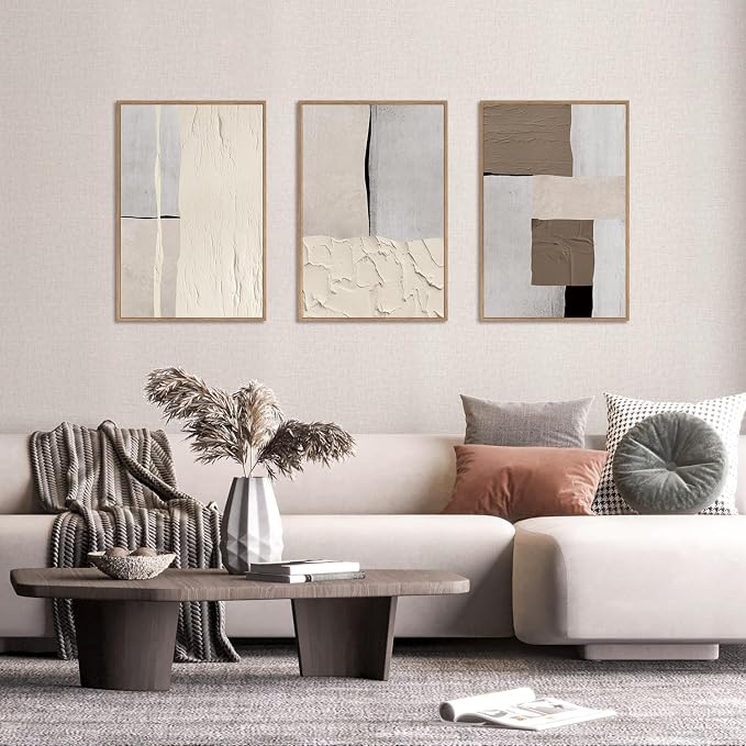 LHIUEM Large Abstract Neutral Framed Canvas Wall Art Set,Mid Century Beige Textured Wall Decor,Brown Gray Block Art Painting for Living Room,Bedroom,Dining Room,Office -24"x36"x3