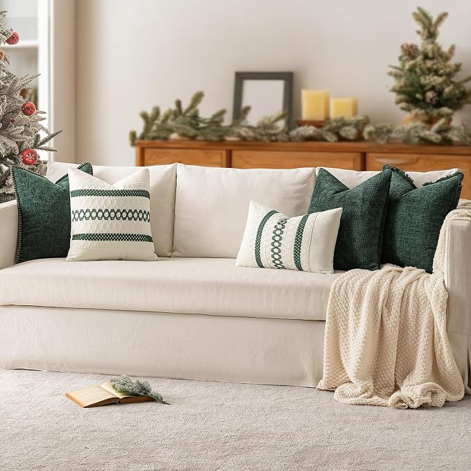 MIULEE Pack of 2 Green Couch Throw Pillow Covers 20x20 Inch Modern Boho Accent Decorative Pillow Covers Soft Chenille Farmhouse Cushion Covers for Home Decor Bed Sofa Living Room