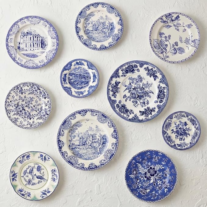 10 Pcs Coastal Vintage Ceramic Wall Plates Set, Blue and White Decoration Hanging Plates with Botanical Patterns, Holland Vintage Gifts for Wall, Home Office Art Ornament(Retro)