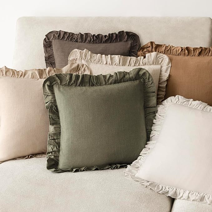 Foindtower Set of 2 Decorative Linen Fringe Ruffle Throw Pillow Covers Soft Boho Farmhouse Cushion Cover Cozy Accent Retro Pillowcase for Couch Sofa Bed Living Room Home Decor,24×24 Inch,Olive Green