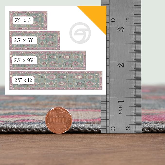 Green Pink Oushak Long Hallway Runner Rug 2'5x12' - Boho Washable Non-Slip Runner Rugs, Vintage Turkish Eclectic Extra Long Runner Rugs for Hallway Kitchen Entryway Foyer Corridor