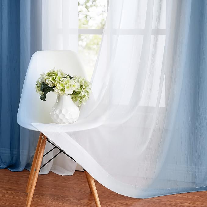 Blue Ombre Chiffon Sheer Curtains for Living Room Bedroom, Gradient Crinkle Semi Voile Curtain Panels for Small Window Light Filtering Window Drapes for Laundry Room Rod Pocket, 2 Panels, 52"Wx54"L