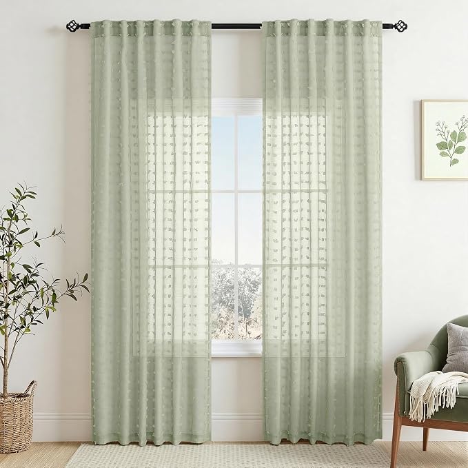 DANCURTON Sage Green Sheer Curtains 84 Inch Length 2 Panels Boho Pom Pom Sheer Window Drapes for Living Room Bedroom Design Back Tab Farmhouse Vintage Rustic Greyish Green Spring Decor Curtain 52x84