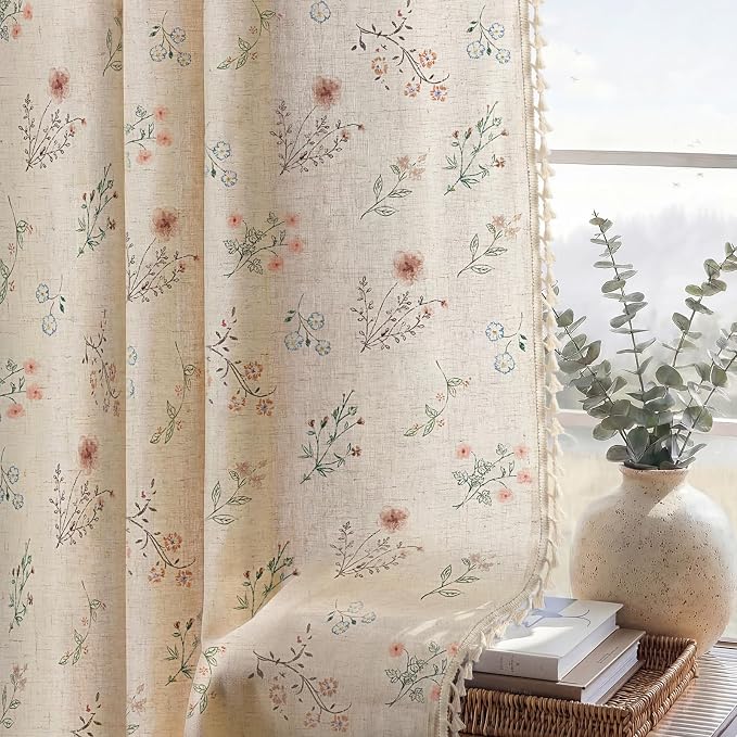 Boho Floral Spring Light Filtering Curtains 96 Inch Length 2 Panels Set, Farmhouse Semi Sheer Bedroom Living Room Vintage