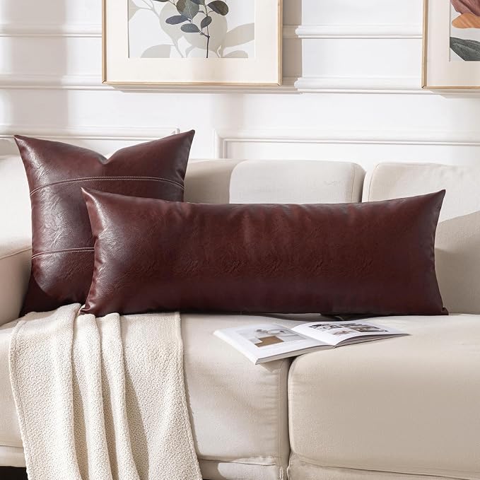 Fancy Homi Burgundy Boho Long Lumbar Faux Leather Body Decorative Throw Pillow Cover 14x40 Inch for Bed Couch Sofa Bench, Thick Stylish Solid Wine Red Pillowcase, Rustic Modern Farmhouse Room Decor