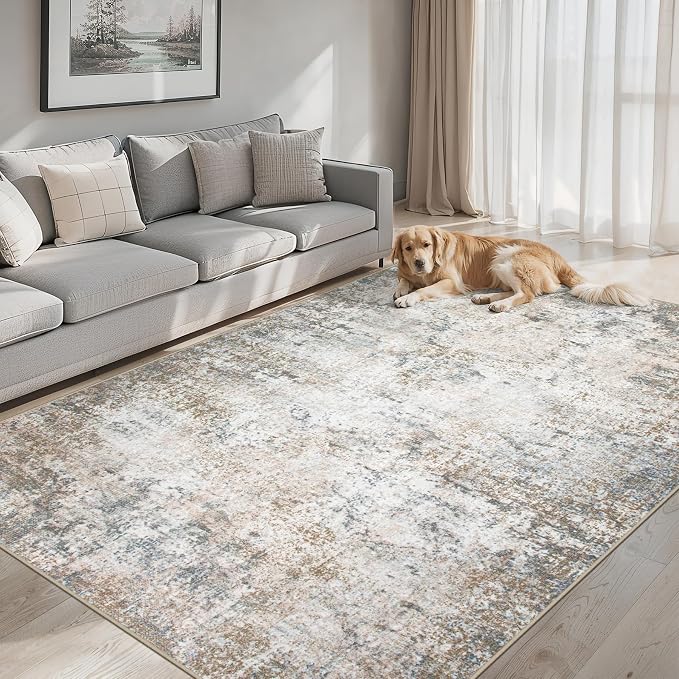 Area Rugs 10x14 Living Room - Washable Rug Modern Abstract Soft Large Neutral Non-Slip Carpet Indoor Floor Stain Resistant Thin Carpets for Bedroom Dining Room Farmhouse Nursery Home Office Brown Grey