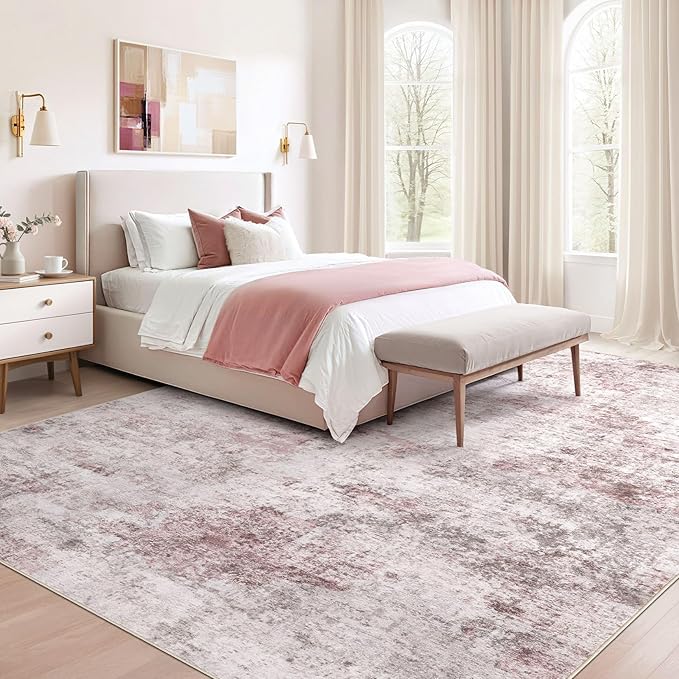 UERMEI 5x7 Washable Area Rug - Neutral Modern Abstract Living Room Rugs, Non-Slip Soft Large Indoor Floor Carpet for Bedroom Home Office & Under Dining Table Decor, Pink Grey