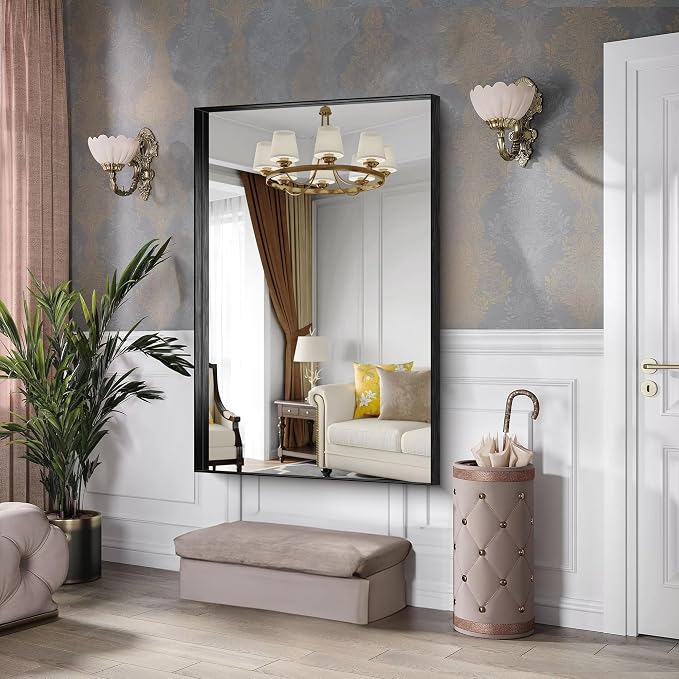 CIRCUMI Black Bathroom Mirror, 36"x55" Rectangular Mirror with Deep Metal Frame, Brushed Finish, Tempered Glass, Large Mirror for Wall, Over 2 Sinks, Installed Vertically/Horizontally, Crystal-Clear