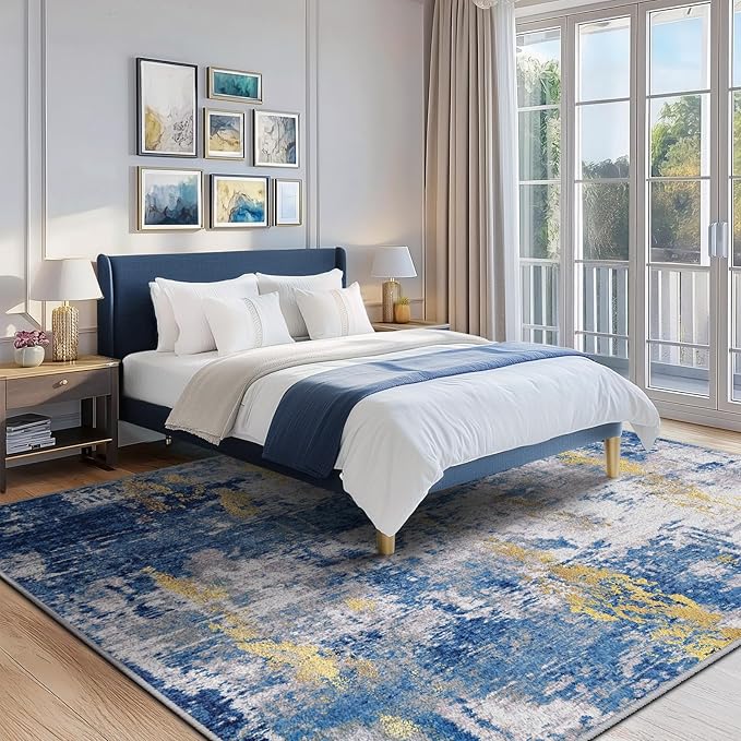 RELEANY Washable Area Rugs7'x9' Non-Slip Modern Abstract Soft for Living Room Entryway Bedroom Kitchen, Print Pattern, Grey Blue Gold/Golden