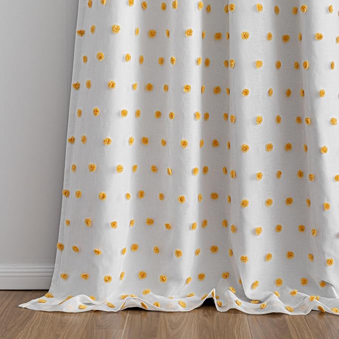 MEETSKY 100% Blackout Curtains for Girls Bedroom 63 Inch Length 2 Panels,Total Light Blocking Yellow White Pom Pom Curtains for Kids Room Darkening Window 2 Layered Drapes, Mustard Yellow, 52W x 63L