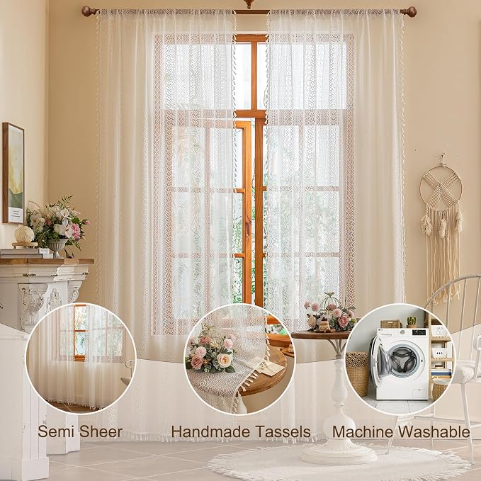 Sutuo Home White Boho Lace Curtains 2 Panels for Kitchen Living Room, Sheer Curtains Crochet Vintage Country Tassels Bohemian Ivory Privacy Window Treatments Rustic Geometry Rod Pocket, 50" x 63"