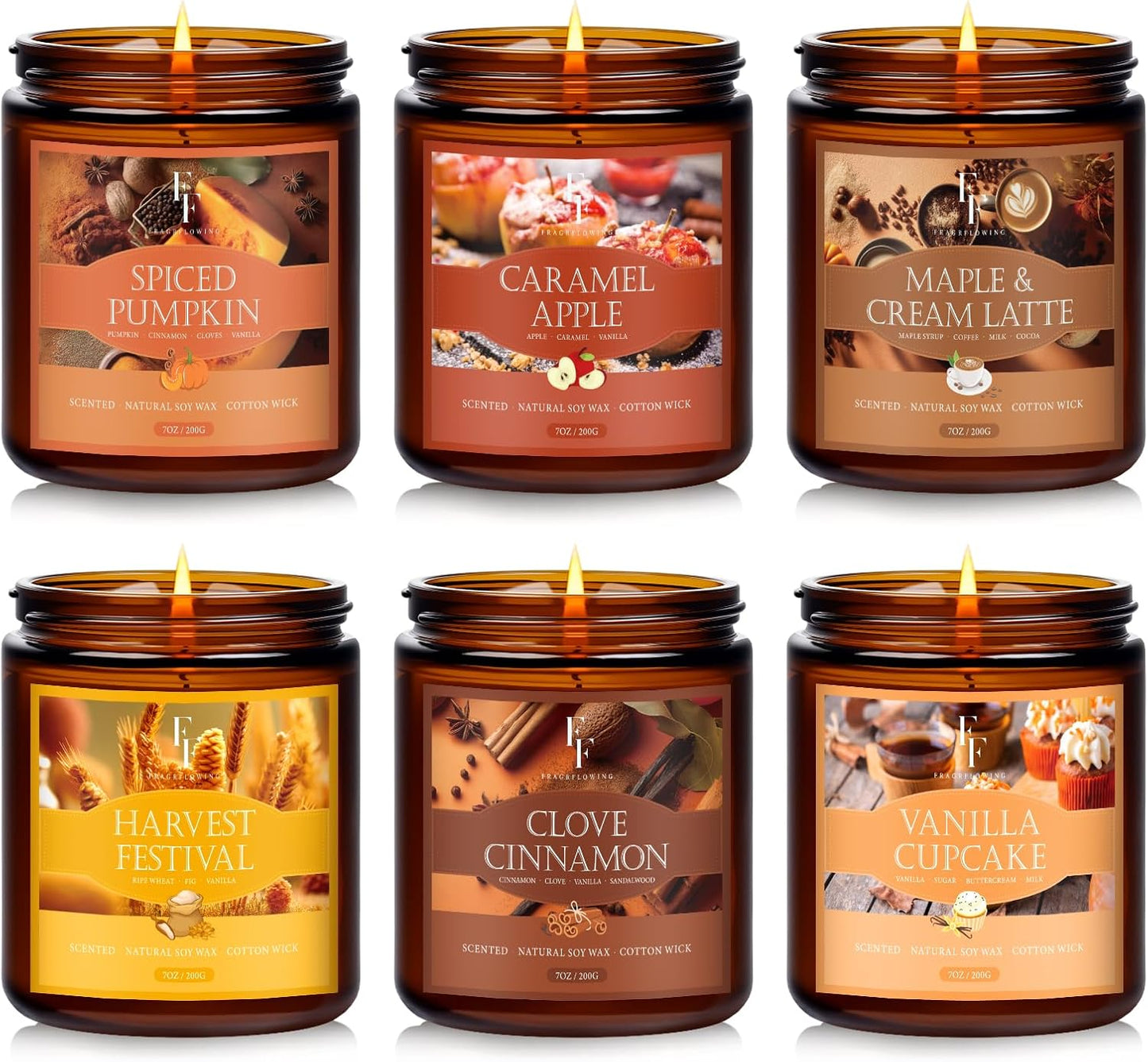 Fall Candles Set, 6 Pack Candles for Home Scented Natural Soy Wax, Autumn Gifts Set for Women Men, Fall Fragrance of Pumpkin/Cinnamon/Vanilla Cupcake/Apple/Harvest/Latte