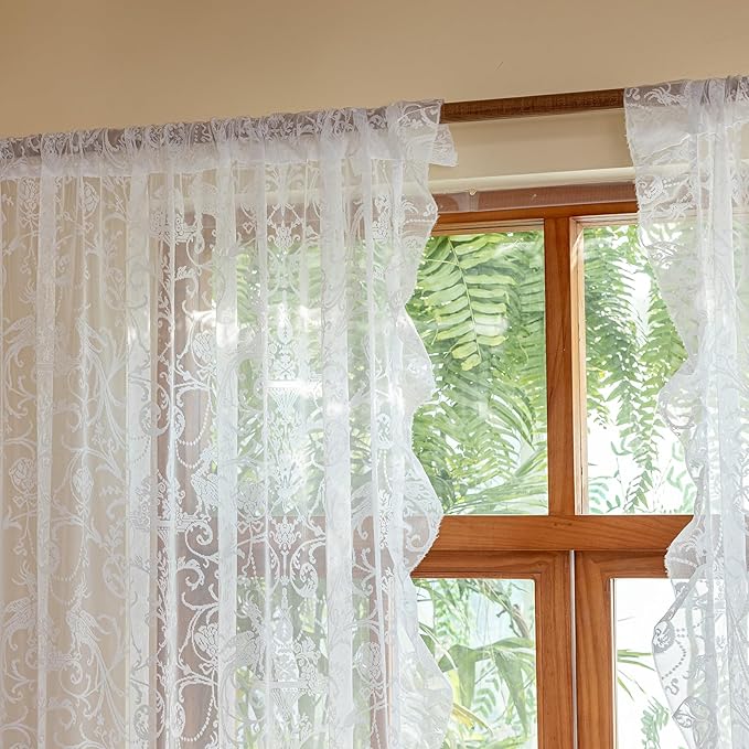 TUDECO White Ruffle Curtains - Boho Flower Sheer Lace Curtains for Dining Room - Shabby Chic Flowy Privacy Coquette Decor - Rod Pocket - 2 Panels, 59 x 96 Inch