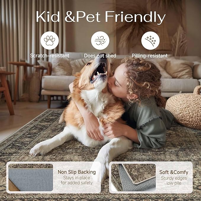 2x3 Washable Area Rug Brown Vintage Non Slip Soft Low Pile Small Rug for Entryway Kitchen Bathroom Distressed Oriental Throw Carpet for Living Room Bedroom Home Decor