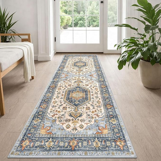 KUTA Vintage Washable Runner Rug, 2x5 Runners Non-Slip Ivory Blue 5ft Hallway Kitchen Rugs Ultra Soft Printed Tribal Farmhouse Carpet for Bedroom Entryway Decor