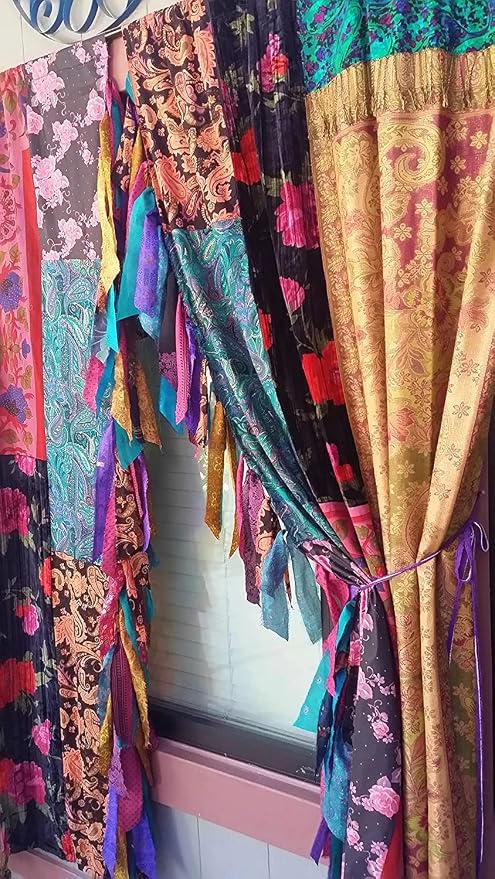 EthinicCraftHub® 2 PCS Indian Silk Saree Curtain Window Treatments Boho Gypsy Hippy Bohemian Wall Hanging Hippy Room Decor Curtain