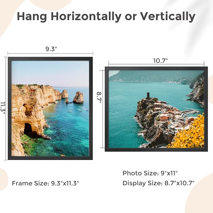 FLYJOE 9x11 Metal Picture Frame - Black Aluminum Picture Frames with Real Glass, Wall Mounting Horizontally or Vertically, Simple and Elegant Decor for Wall Gallery Poster Photo 11x9 Frame, Black