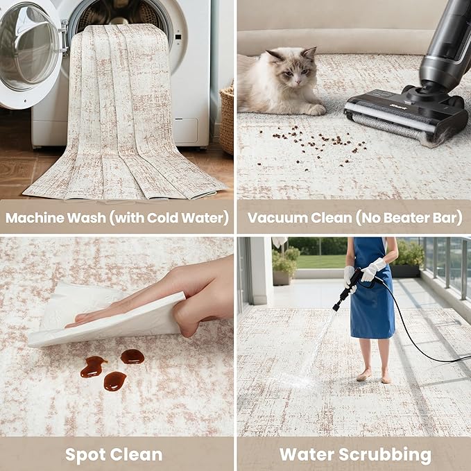 6x9 Area Rugs for Living Room Washable Rug: Anti-Skid Abstract Modern Living Room Rug Soft Thin Carpets Indoor Floor Non-Shedding Carpet for Bedroom Dining Farmhouse Nursery Home Office Beige White