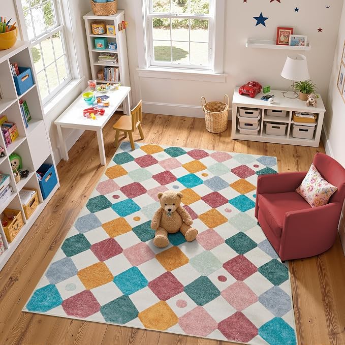 jinchan Macy 6x9 Kids Area Rug for Classroom Modern Colorful Nursery Rug Checkered Diamond Play Mat Washable Soft Non Slip Carpet for Playroom Living Room Bedroom Daycare Confetti on Cream