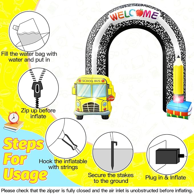 8FT Welcome Back to School Inflatable Arch Outdoor Decorations, Composition Blow Up Arch with Pencil School Bus Built-in 5 LED Lights for First Day of School Party Garden Yard Lawn Photo Backdrop