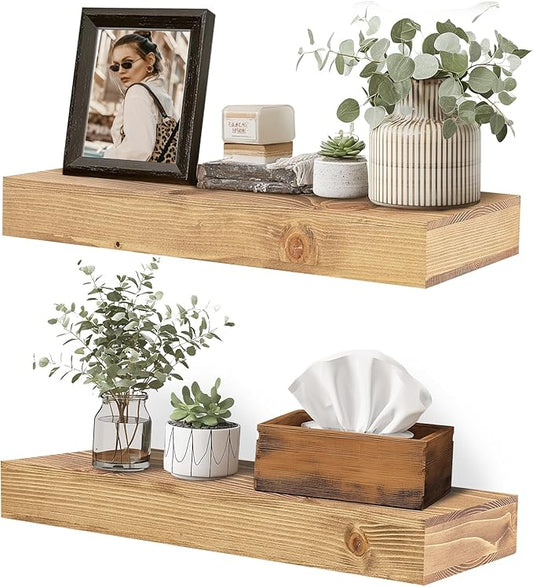 17x6.8x2 Inch Rustic Floating Shelves for Wall Set of 2 - Oak Solid Wood Wall Mounted Shelves with Invisible Bracket, Compact Design for Farmhouse Living Room Bedroom Kitchen Decor