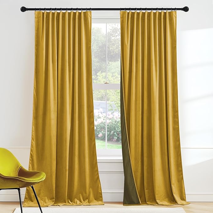 RYB HOME Mustard Yellow Velvet Curtains 90 inches Long 2 Panels Set, Room Darkening Thermal Insulated Velvet Drapes with Hook Belt for Nursery Living Room Office, 52" W x L90 L