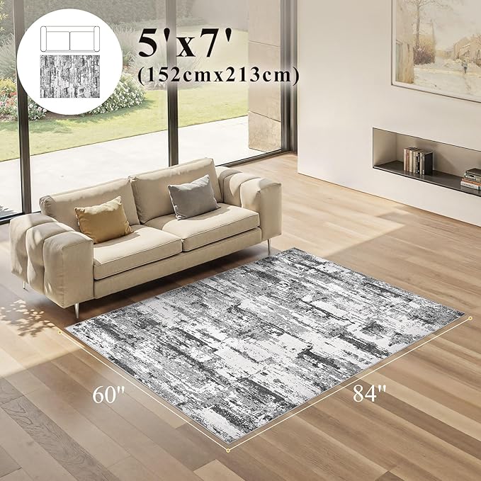 Area Rugs 5x7 Living Room: Washable Large Abstract Modern Neutral Soft Rug Stain Resistant Non-Slip Backing Carpet for Bedroom Dining Room Indoor Nursery Dorm Home Office Decor - Black Grey