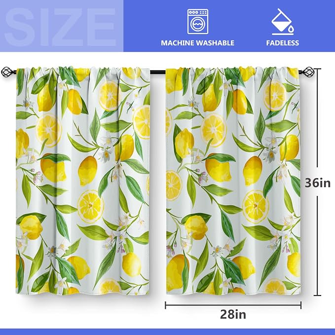 Aimego Lemon Kitchen Curtains - Spring Country Farmhouse Rustic Nature Fruit Leaves Short Cafe Tier Curtains for Living Dining Room Decor Rod Pocket Window Drapes 36 Inch Length 2 Panels Set