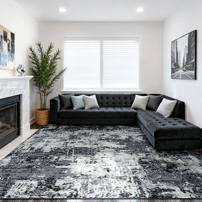 RELEANY Washable Area Rugs 9'x12' Non-Slip Modern Abstract Soft for Living Room Entryway Bedroom Kitchen, Print Pattern, Black Navy Blue Gray
