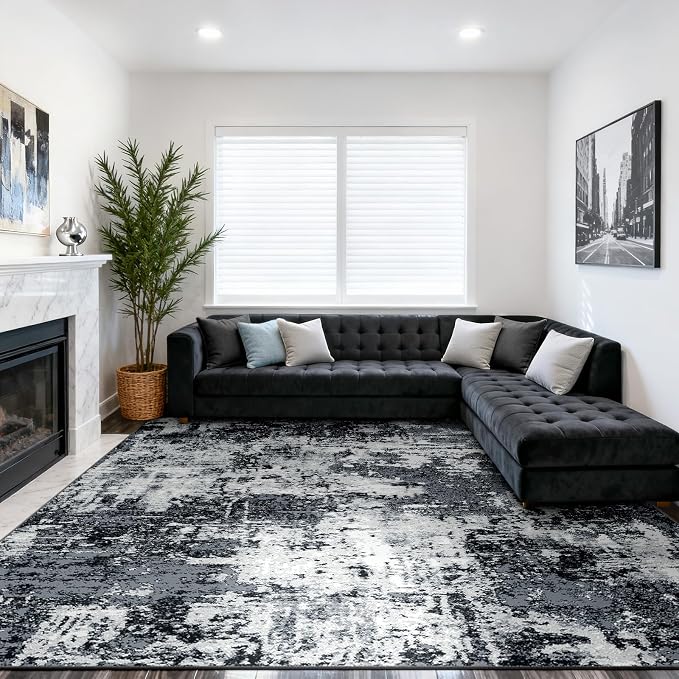 RELEANY Washable Area Rugs 10'x12' Non-Slip Modern Abstract Soft for Living Room Entryway Bedroom Kitchen, Print Pattern, Black Navy Blue Gray