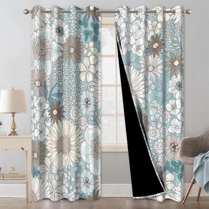 Boho Blackout Curtains for Bedroom and Living Room, Black Out Curtains 84 Inch Long 2 Panels Set with Rope Tassels Curtain Tiebacks, Floral Patterned Grommet Thermal Insulated Room Darkening Drapes