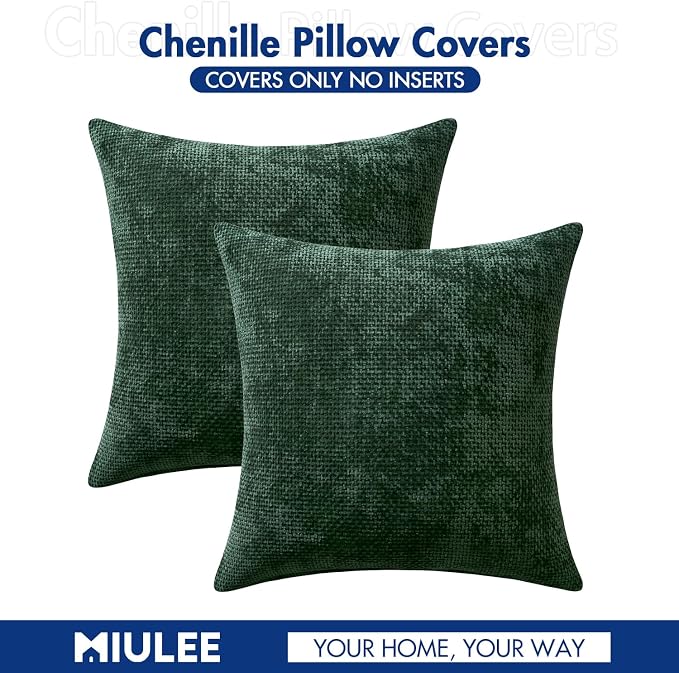 MIULEE Pack of 2 Green Couch Throw Pillow Covers 20x20 Inch Modern Boho Accent Decorative Pillow Covers Soft Chenille Farmhouse Cushion Covers for Home Decor Bed Sofa Living Room