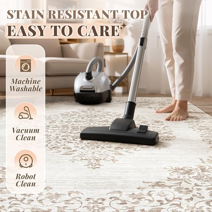 Area Rug 8x10 Vintage Rug: Large Washable Indoor Medallion Rugs Low Pile Distressed Floor Carpet Retro Accent Rug for Living Room Bedroom Kitchen Dining Table Home Office(Vintage Beige, 8'x10')